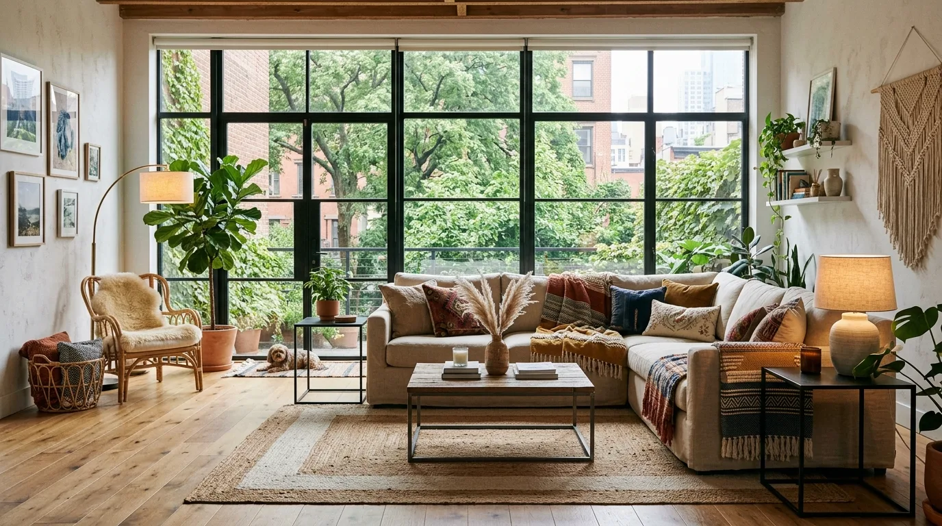 Balance dark tones with natural light for 14 Trendy Boho Industrial Living Room Ideas for Urban Style