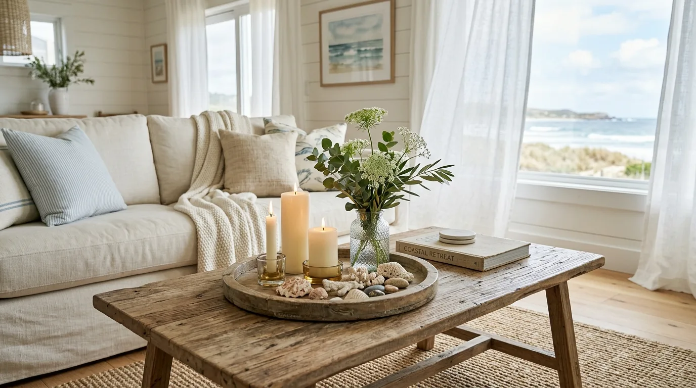 Bring in weathered or light wood tones for 10 Breezy Coastal Farmhouse Decor Ideas for Year Round Vacation Vibes