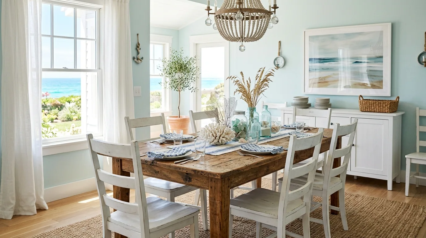Layer woven textures for 10 Breezy Coastal Farmhouse Decor Ideas for Year Round Vacation Vibes