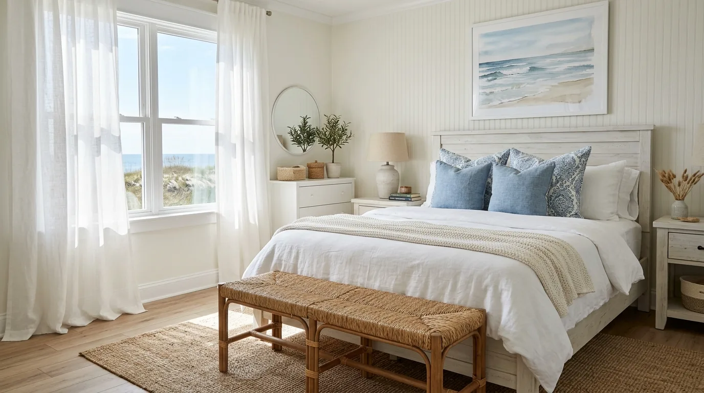 Use blue accents sparingly for 10 Breezy Coastal Farmhouse Decor Ideas for Year Round Vacation Vibes
