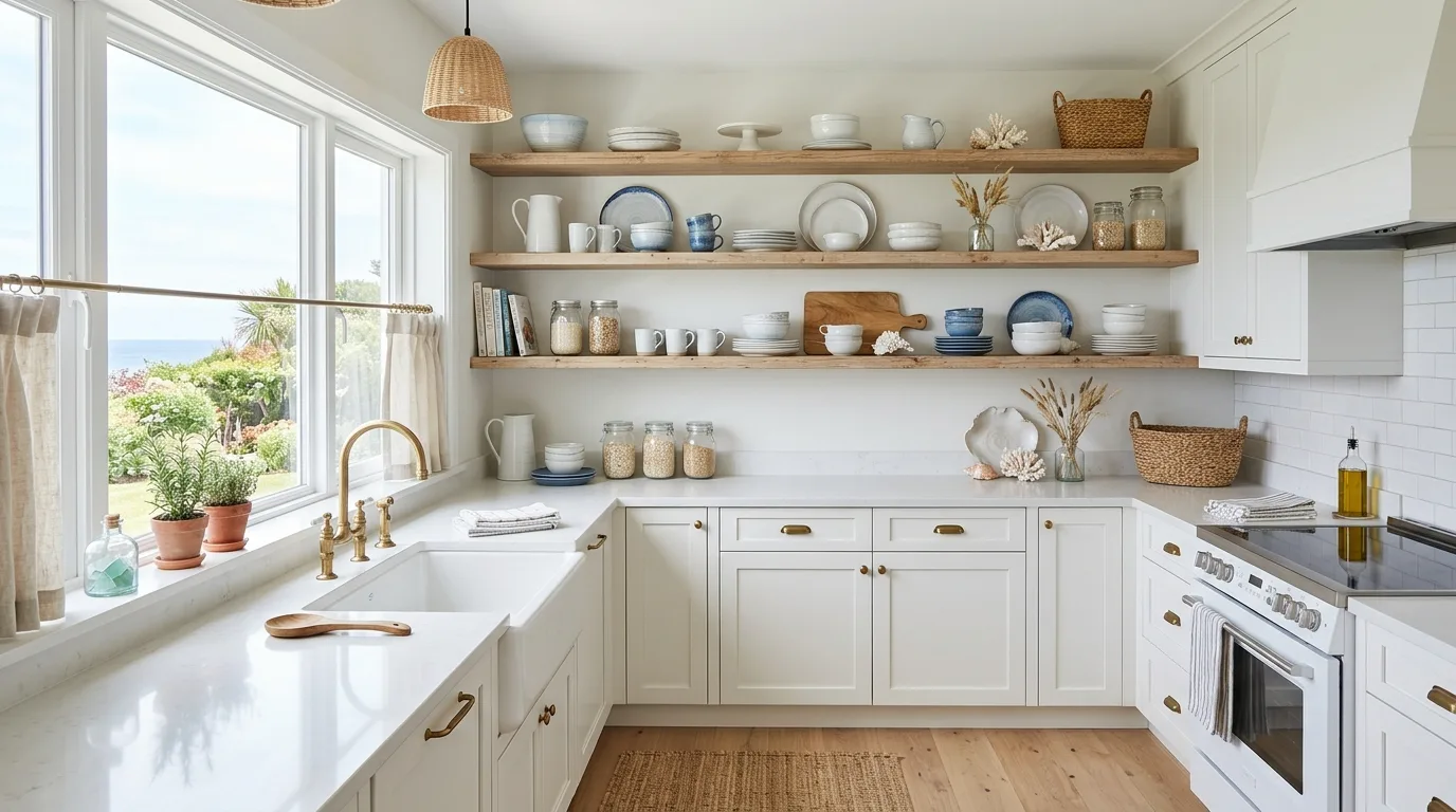 Style shelves with simple natural objects for 10 Breezy Coastal Farmhouse Decor Ideas for Year Round Vacation Vibes