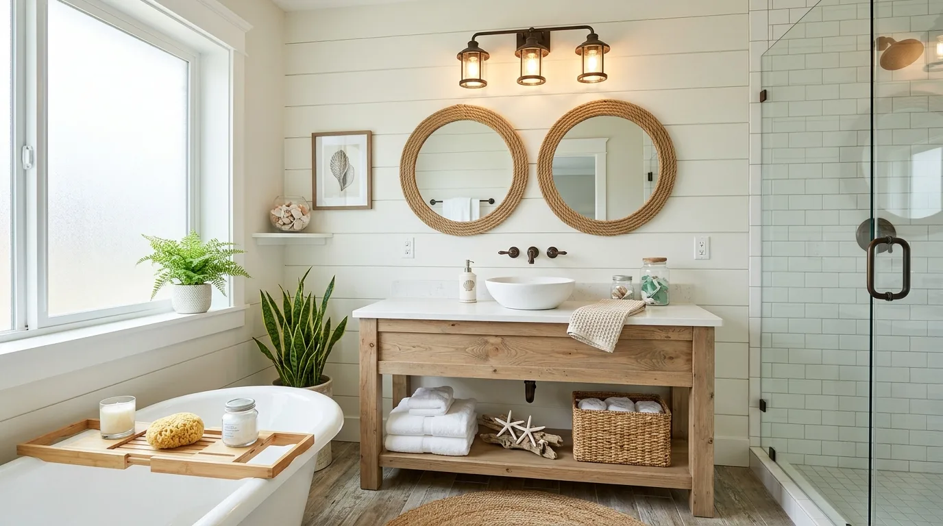 Use greenery to keep the rooms feeling alive for 10 Breezy Coastal Farmhouse Decor Ideas for Year Round Vacation Vibes