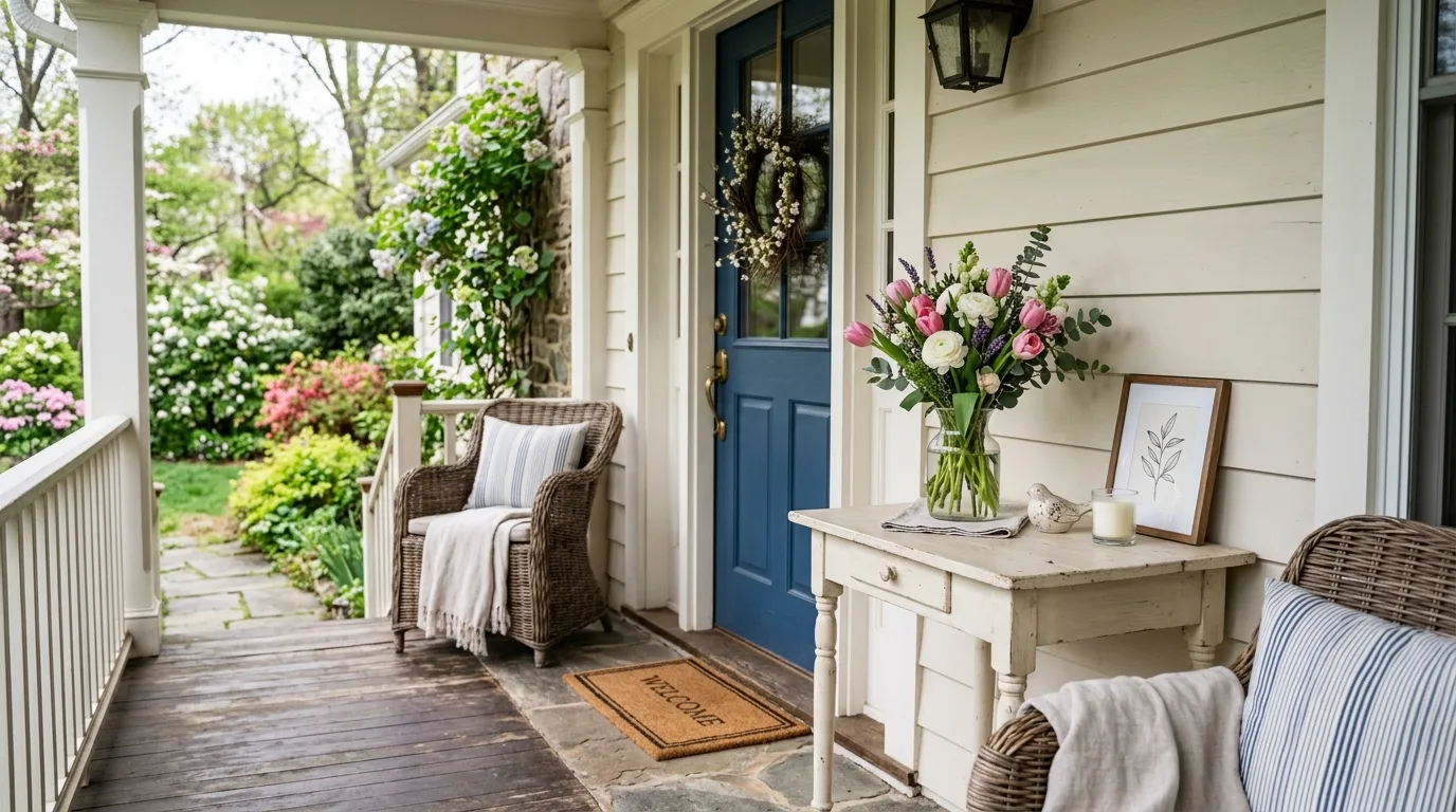 Use baskets for natural texture for 13 Bright Spring Porch Ideas to Refresh Your Home's Entrance