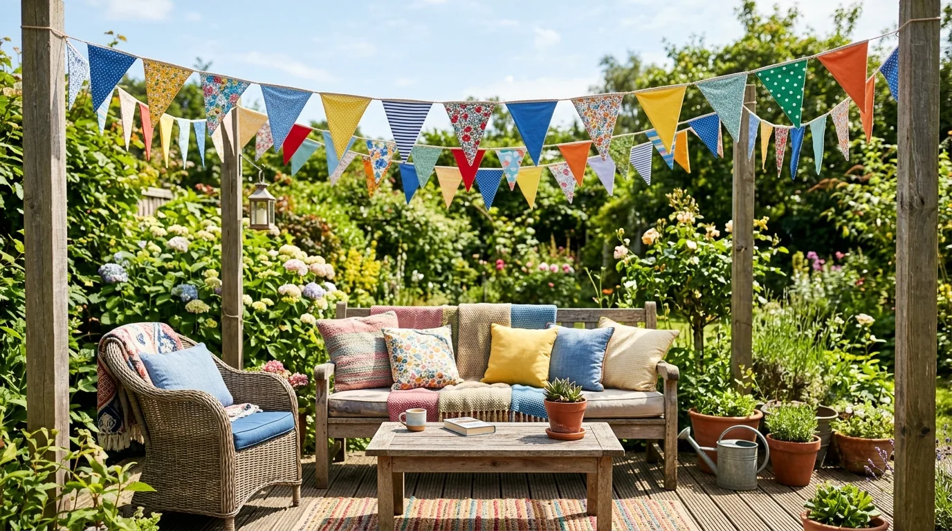 Hang fabric bunting for a festive finish for 12 Budget DIY Patio Decoration Ideas for Summer Entertaining