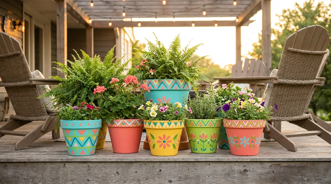Paint planters in cheerful colors for 12 Budget DIY Patio Decoration Ideas for Summer Entertaining