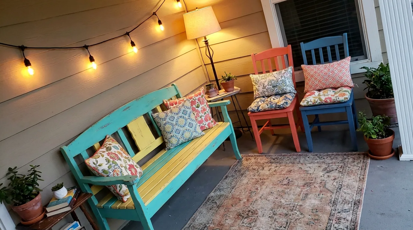 Refresh old seating with paint and cushions for 12 Budget DIY Patio Decoration Ideas for Summer Entertaining
