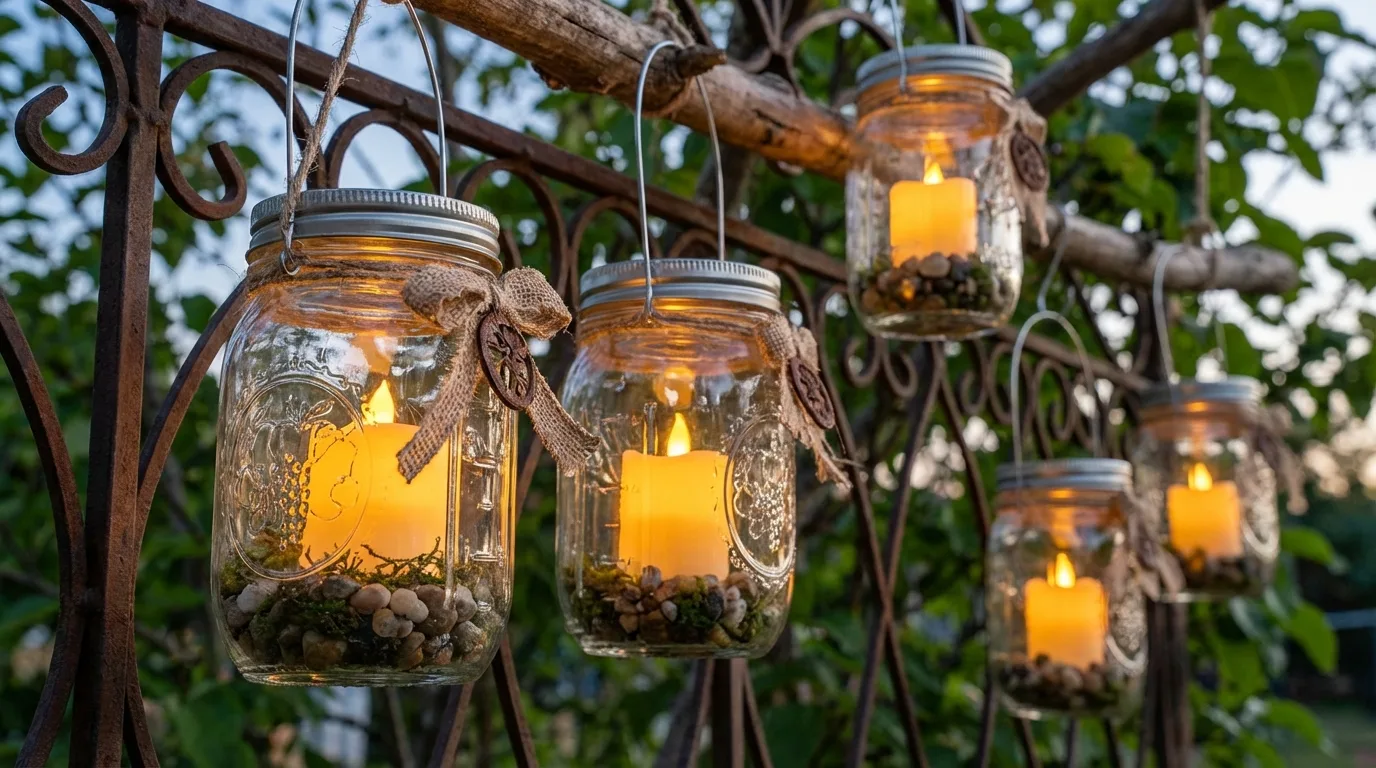 Hang mason jar lanterns for charm for 12 Budget DIY Patio Decoration Ideas for Summer Entertaining