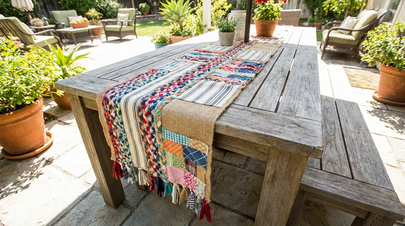 Style the table with a homemade runner for 12 Budget DIY Patio Decoration Ideas for Summer Entertaining