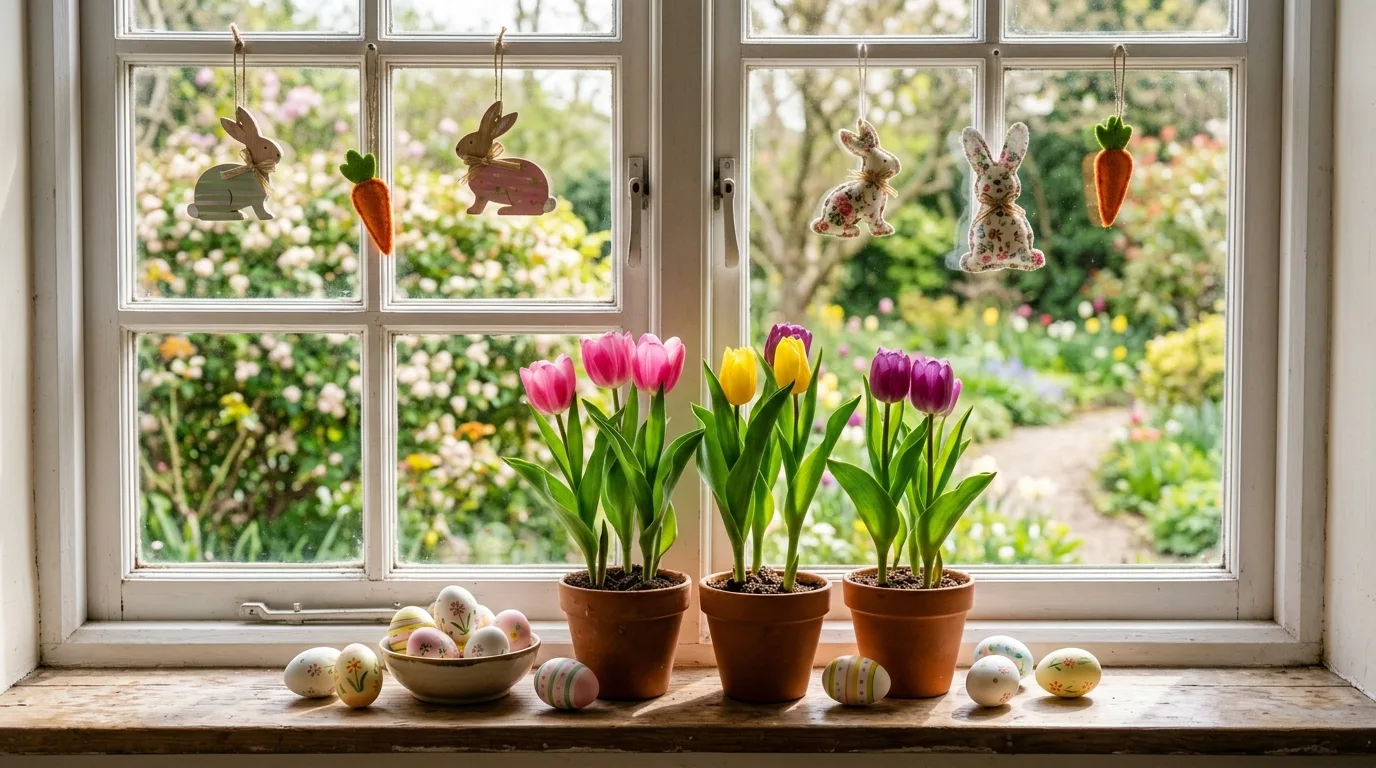 Refresh a mantel or console table for 13 Cheerful Easter Decor Ideas for a Hoppy Spring Home