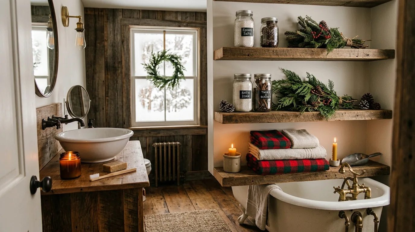 Hang a mini wreath on the mirror for 11 Unexpected Christmas Bathroom Decor Ideas for Guests