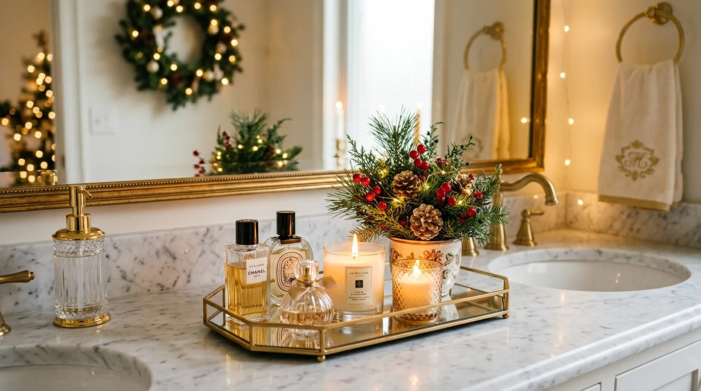 Style a tray on the counter for 11 Unexpected Christmas Bathroom Decor Ideas for Guests