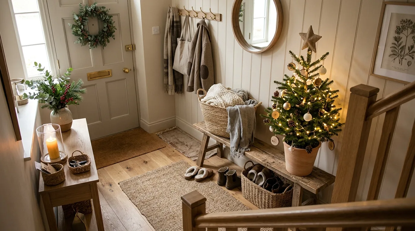Let natural materials warm the space for 14 Festive Christmas Entryway Decor Ideas for a Grand Welcome