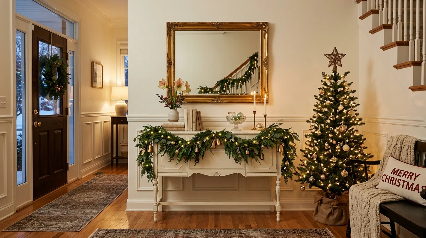 Use lanterns for warm glow for 14 Festive Christmas Entryway Decor Ideas for a Grand Welcome