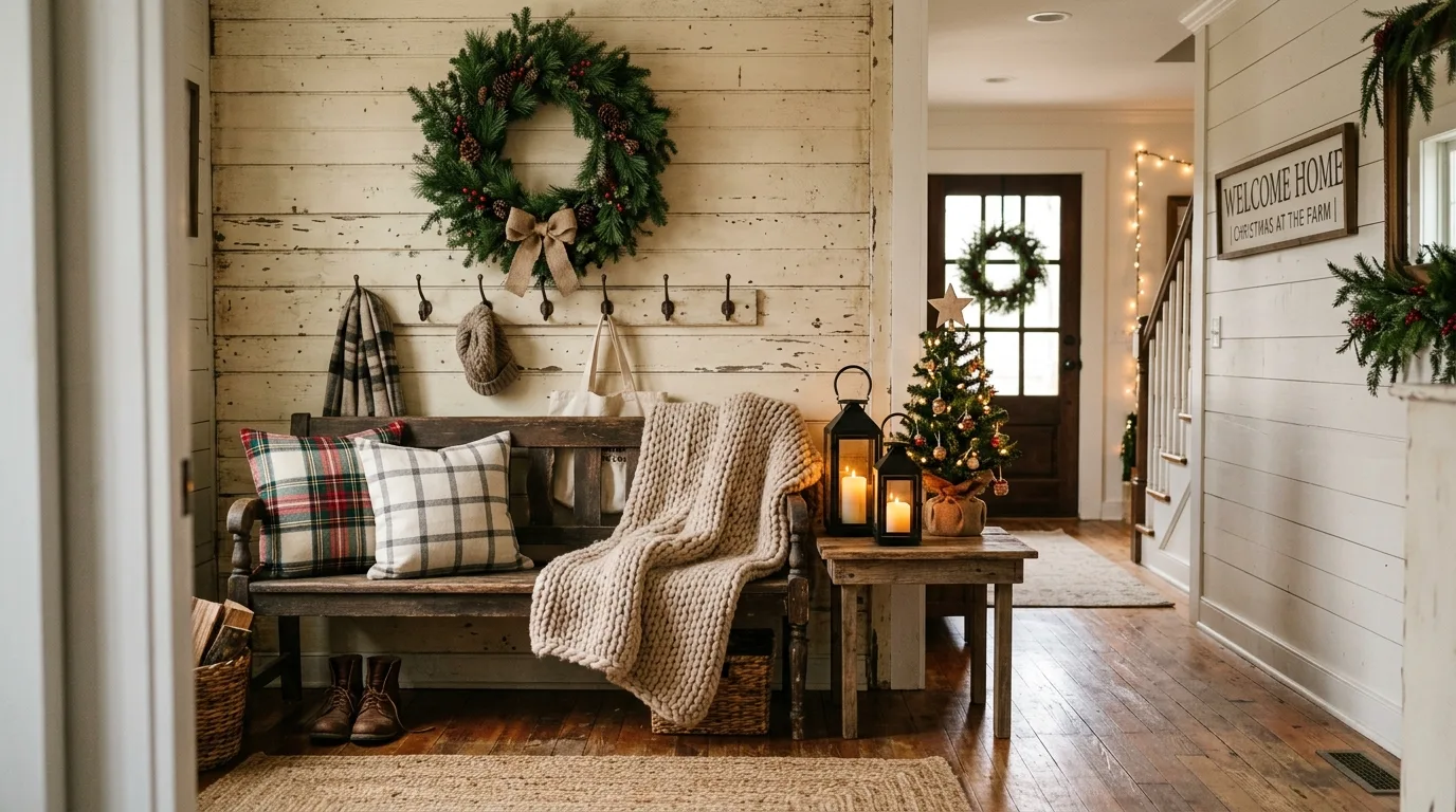 Add a bench with festive pillows for 14 Festive Christmas Entryway Decor Ideas for a Grand Welcome