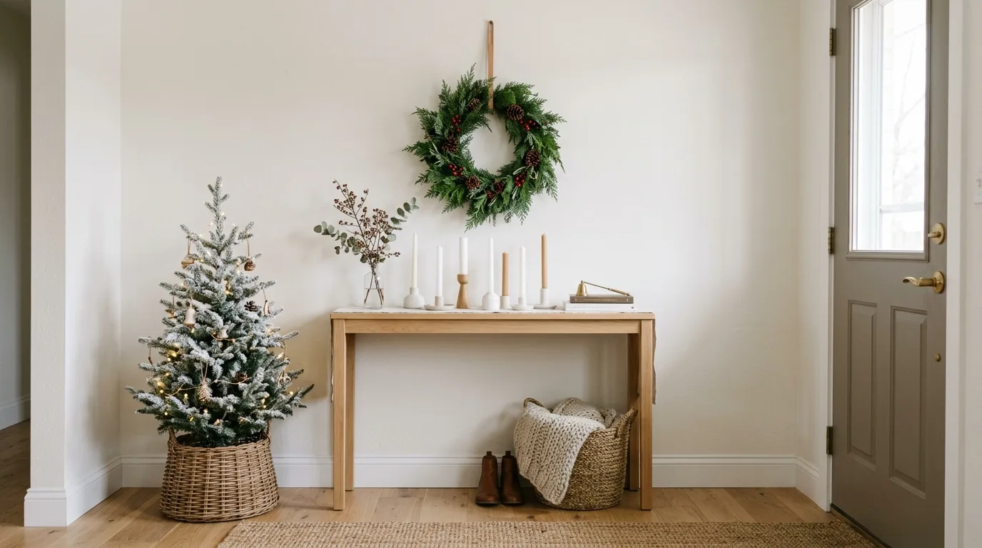 Use baskets for practical storage for 14 Festive Christmas Entryway Decor Ideas for a Grand Welcome