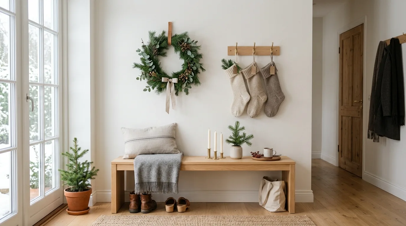 Layer a seasonal rug or mat for 14 Festive Christmas Entryway Decor Ideas for a Grand Welcome