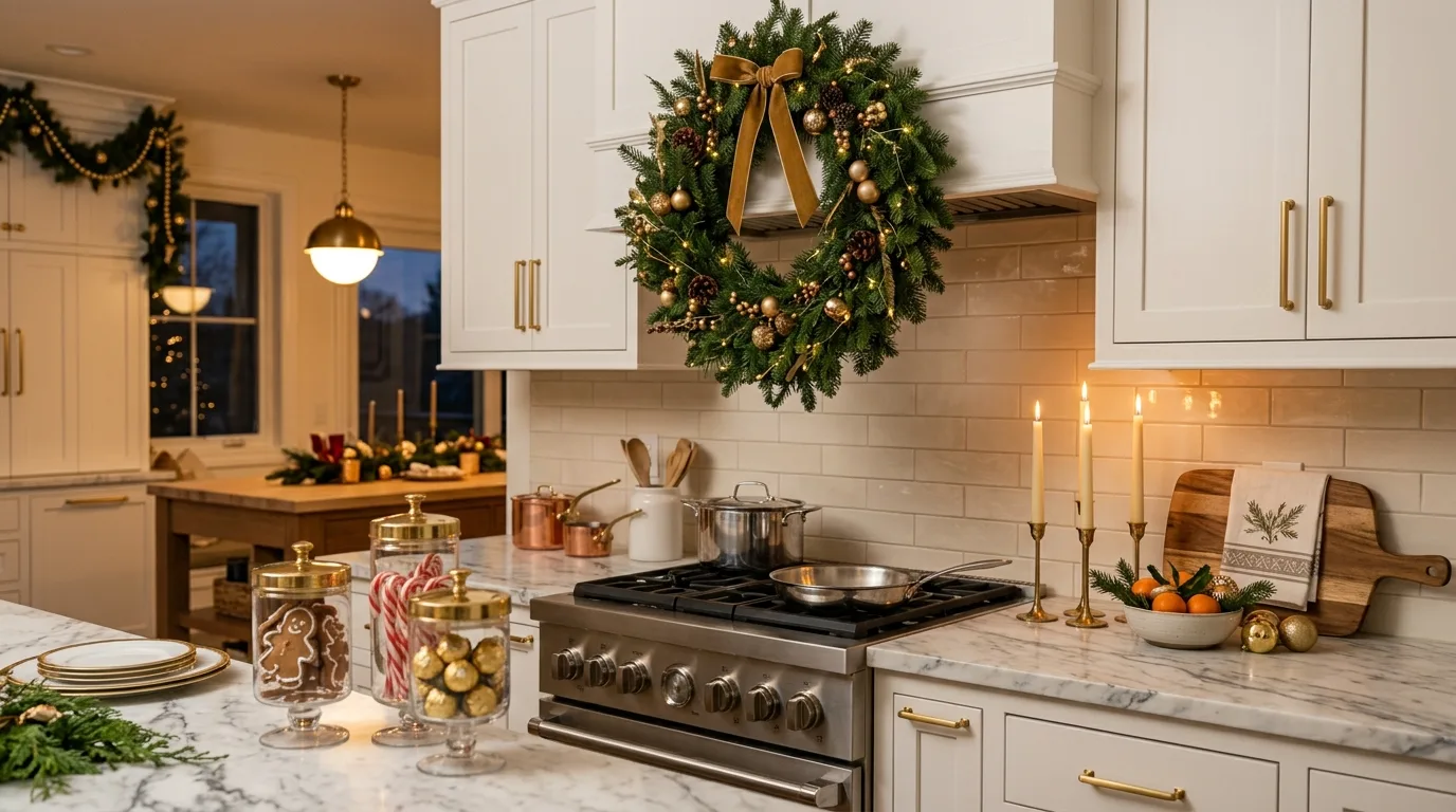 Hang a wreath on a cabinet or range hood for 13 Jolly Christmas Kitchen Decor Ideas for Holiday Cooking