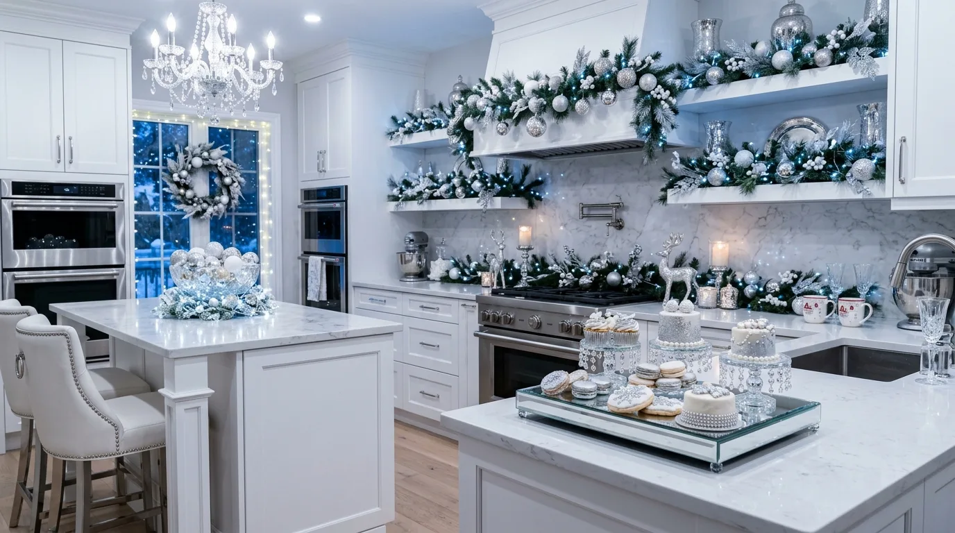 Decorate open shelving lightly for 13 Jolly Christmas Kitchen Decor Ideas for Holiday Cooking