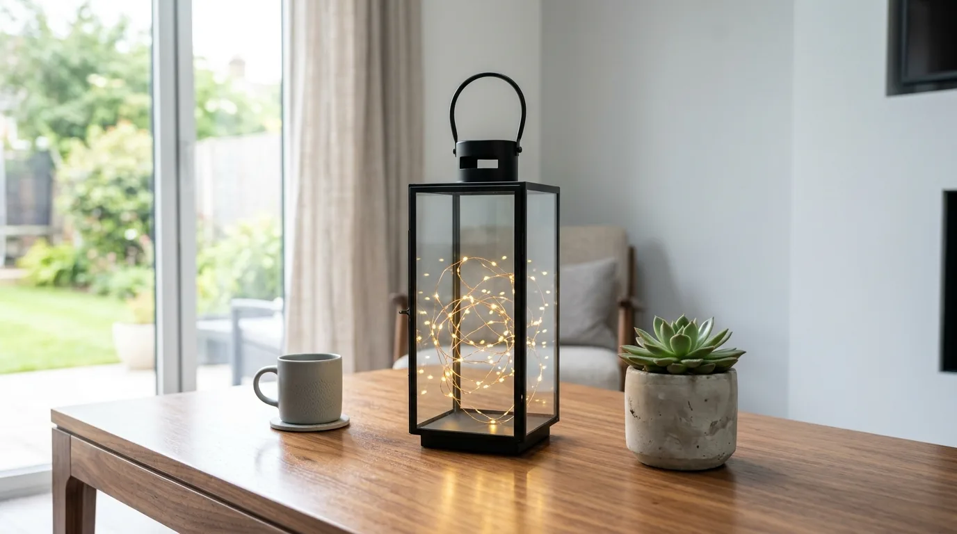 Create a table centerpiece with one large lantern for 11 Magical Christmas Lantern Decor Ideas for a Warm Glow