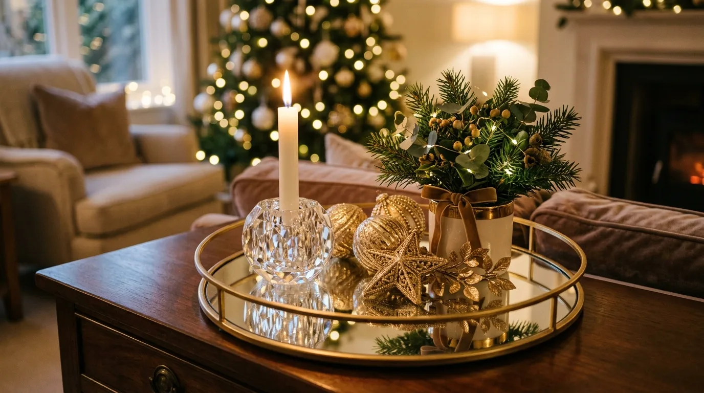 Use ornaments as filler for 12 Simple Christmas Tray Decor Ideas for Easy Holiday Vignettes