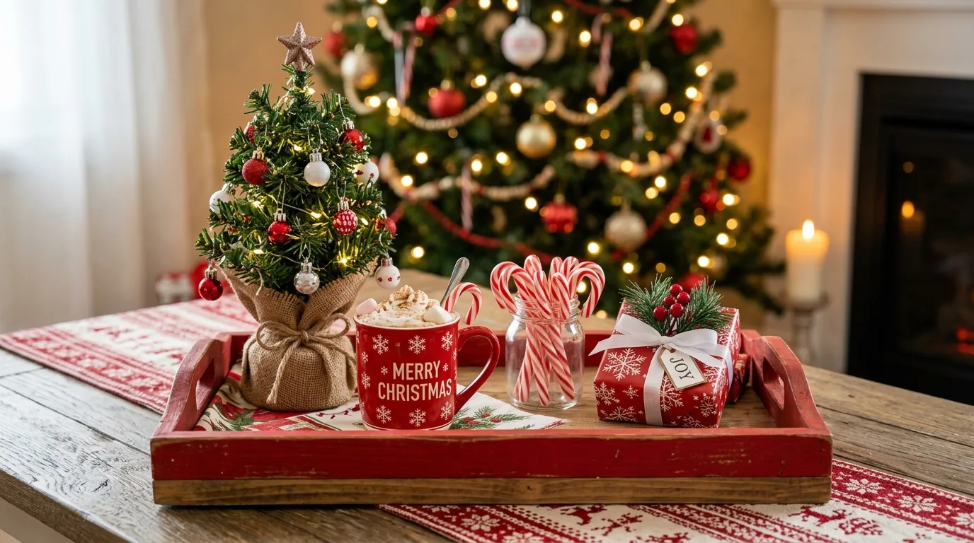 Use ribbon or bells for softness for 12 Simple Christmas Tray Decor Ideas for Easy Holiday Vignettes