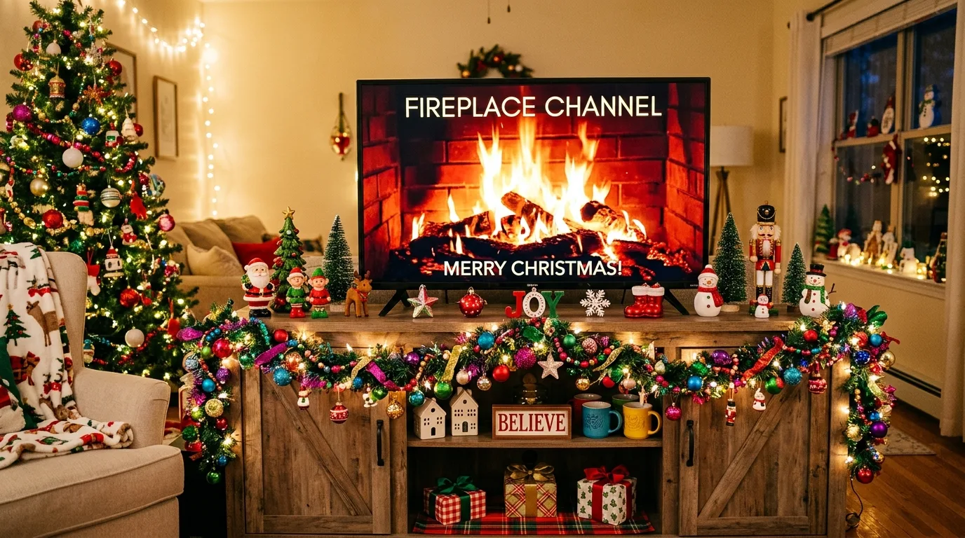 Let the decor support the cozy mood for 10 Clever Christmas TV Stand Decor Ideas to Frame the Fireplace Channel