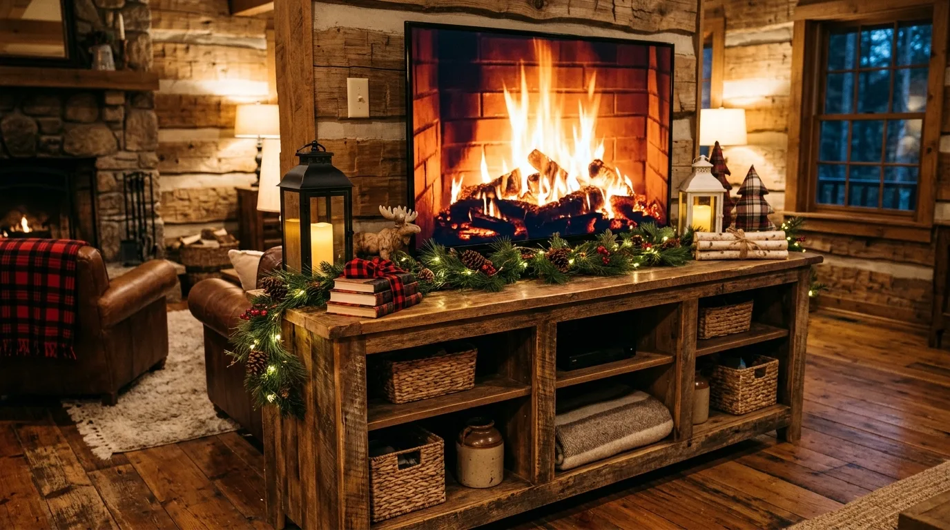 Add mini trees for balance for 10 Clever Christmas TV Stand Decor Ideas to Frame the Fireplace Channel