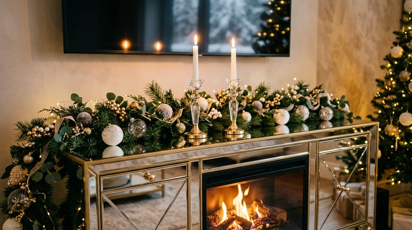 Use candles or battery candles for warmth for 10 Clever Christmas TV Stand Decor Ideas to Frame the Fireplace Channel