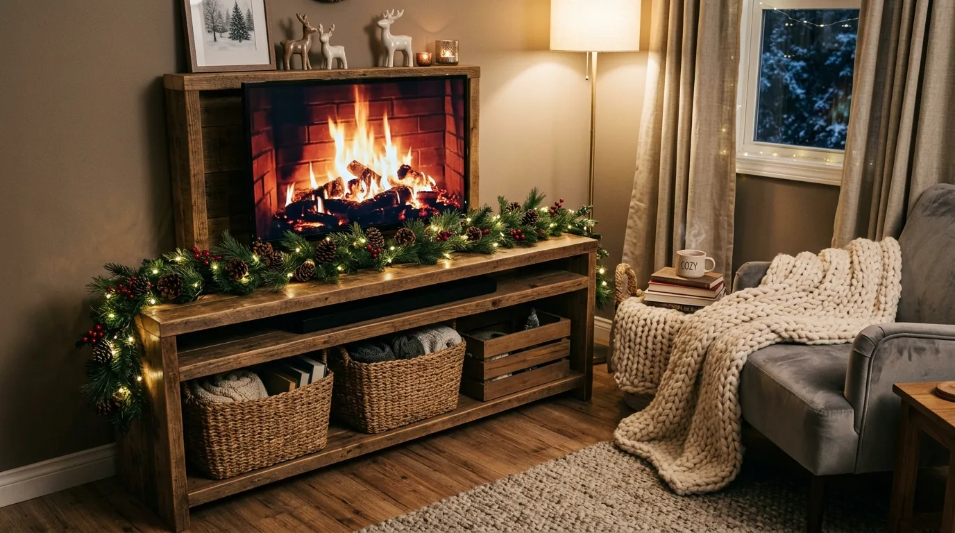 Style with a few ornaments or bells for 10 Clever Christmas TV Stand Decor Ideas to Frame the Fireplace Channel