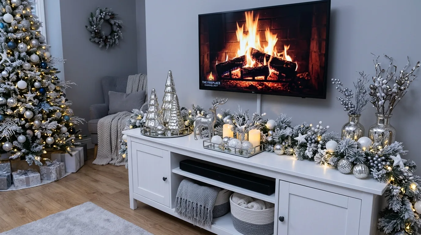 Keep the center area open enough for 10 Clever Christmas TV Stand Decor Ideas to Frame the Fireplace Channel