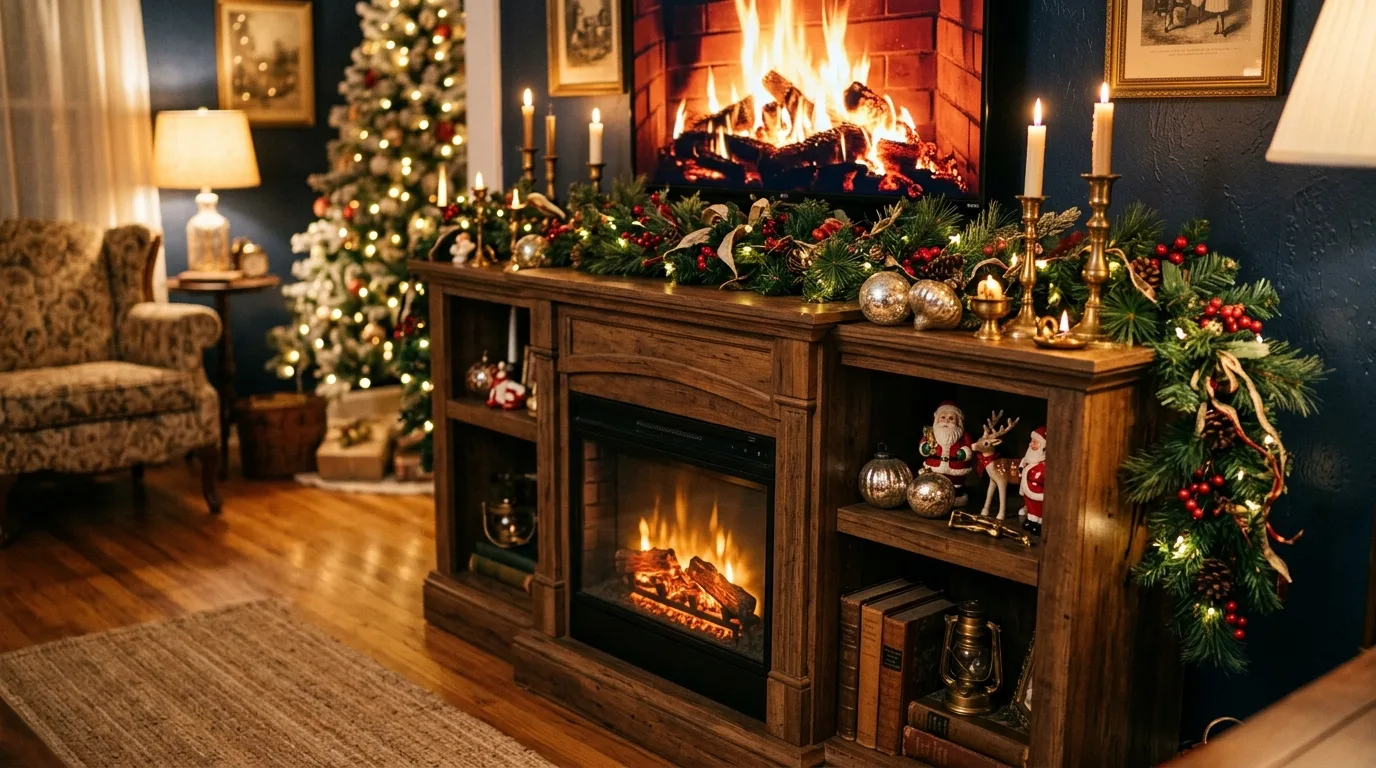 Match the room's holiday palette for 10 Clever Christmas TV Stand Decor Ideas to Frame the Fireplace Channel