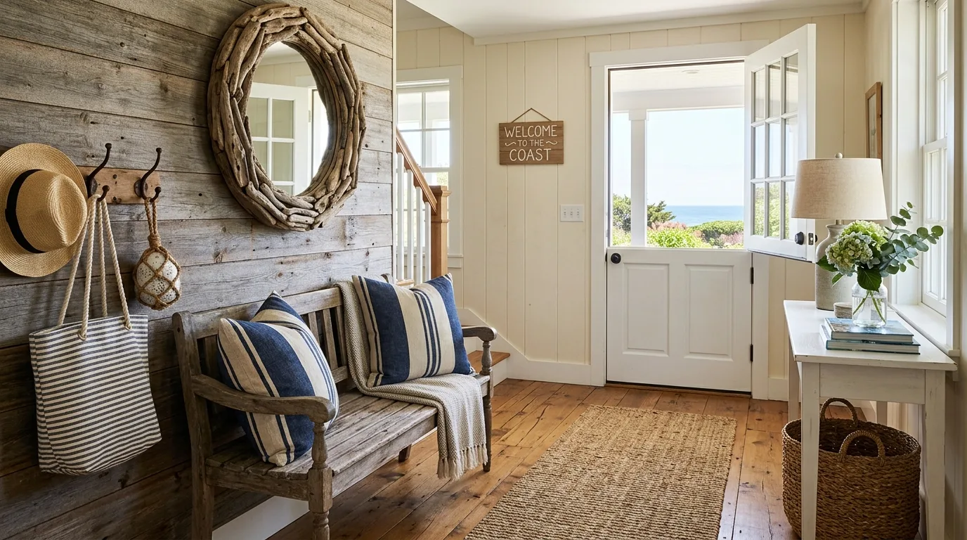 Add muted coastal blues for 10 Breezy Coastal Farmhouse Decor Ideas for a Relaxed Vibe