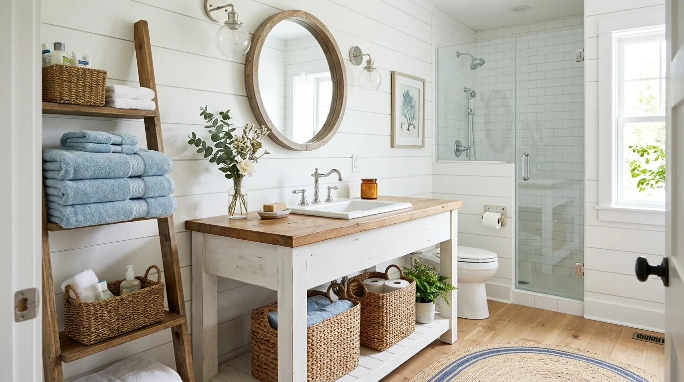 Use layered white bedding or linens for 10 Breezy Coastal Farmhouse Decor Ideas for a Relaxed Vibe