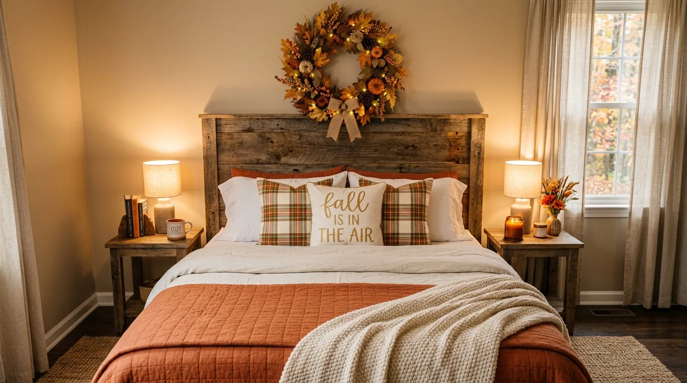 Use the headboard wall as a fall focal point for 11 Cozy Fall Bedroom Ideas for a Warm Autumn Retreat