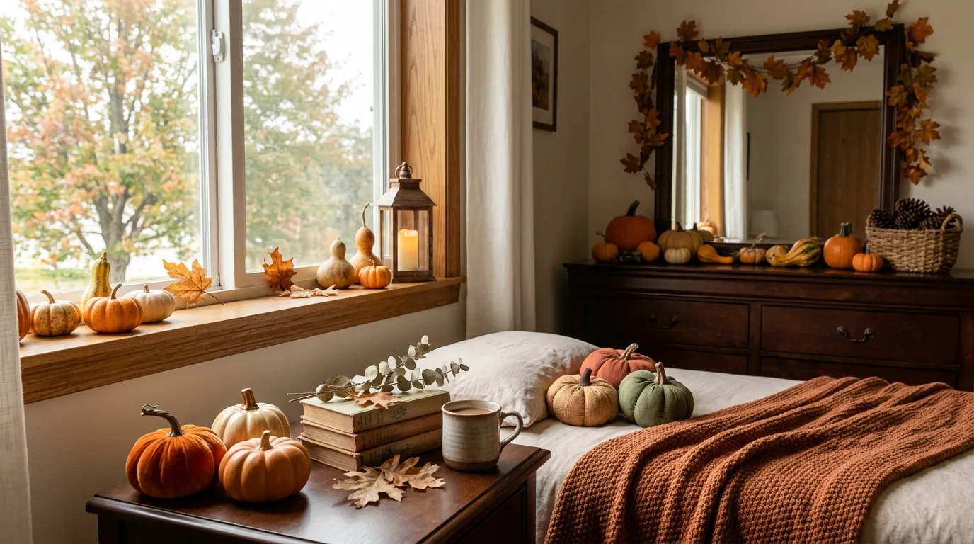 Use pumpkins and gourds sparingly for 11 Cozy Fall Bedroom Ideas for a Warm Autumn Retreat