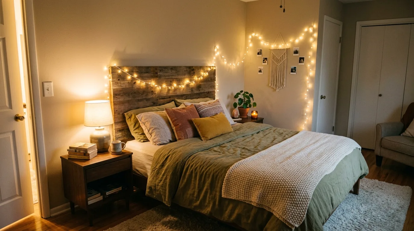 String fairy lights for soft glow for 11 Cozy Fall Bedroom Ideas for a Warm Autumn Retreat