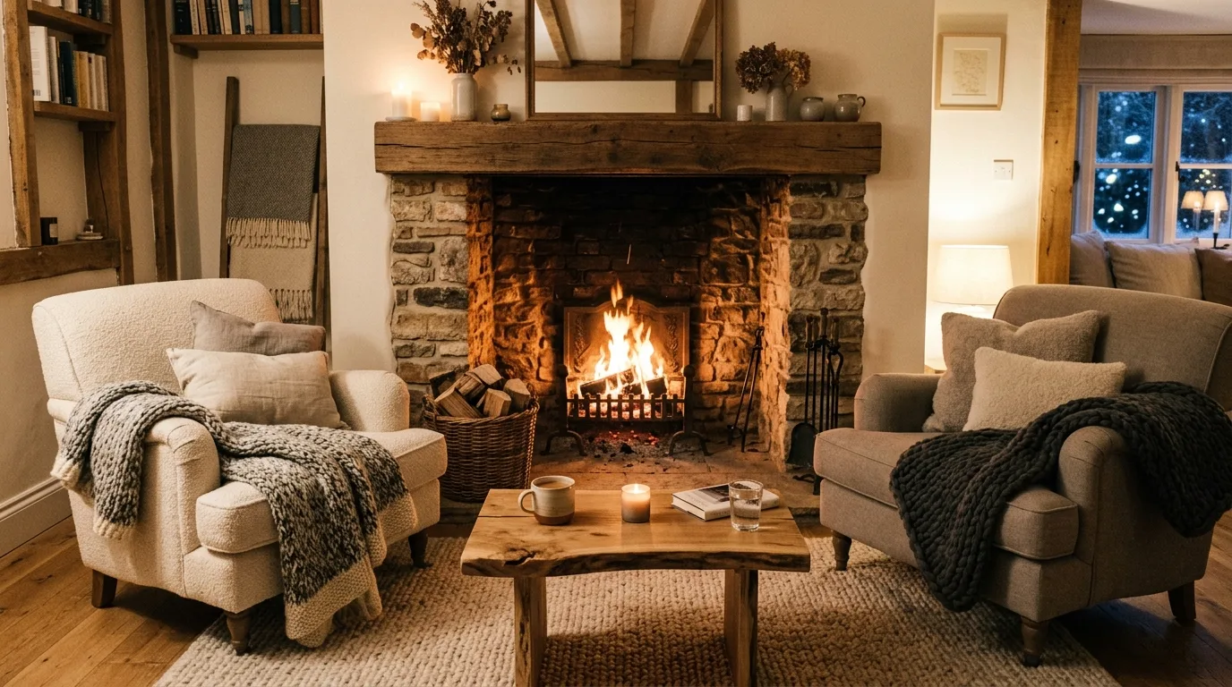 Center the room around a warmth source for 10 Cozy Hygge Living Room Ideas for Ultimate Comfort