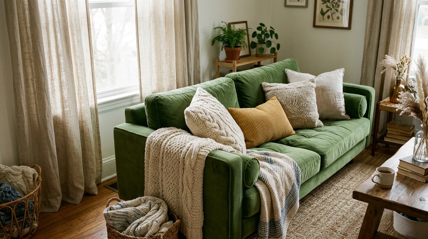 Layer tactile materials together for 10 Cozy Hygge Living Room Ideas for Ultimate Comfort