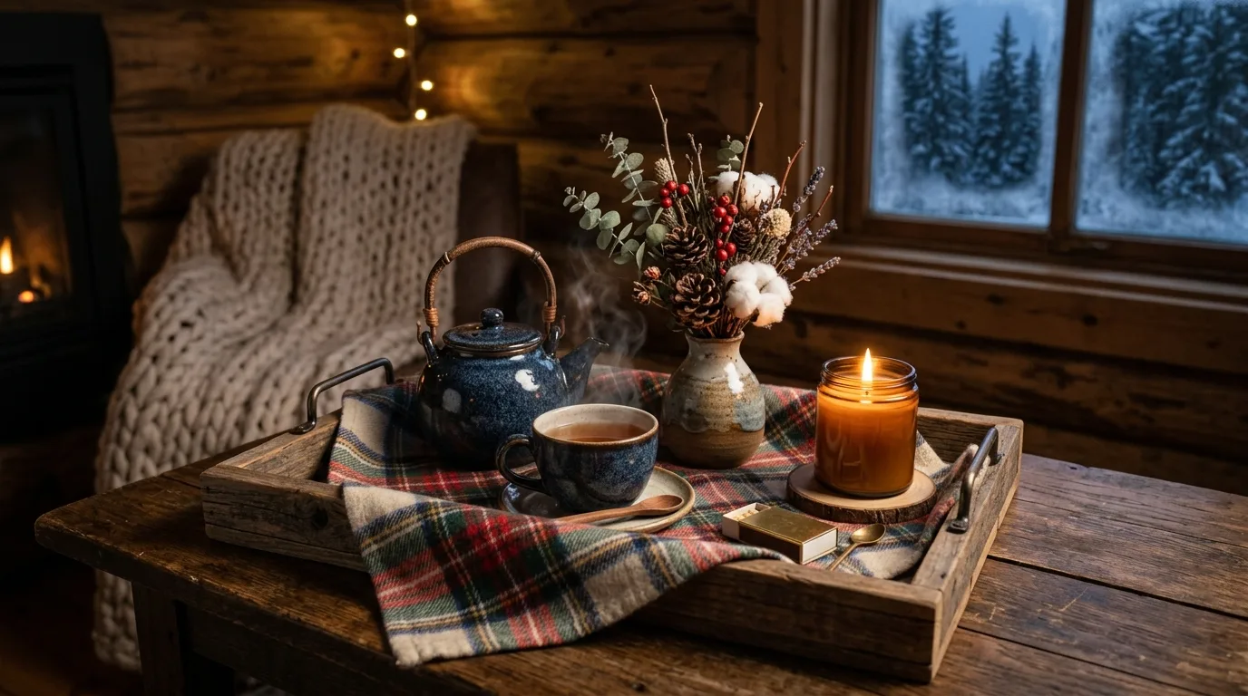Bring in evergreen or bare branches for 11 Cozy Winter Tray Decor Ideas for a Hygge Home Vibe