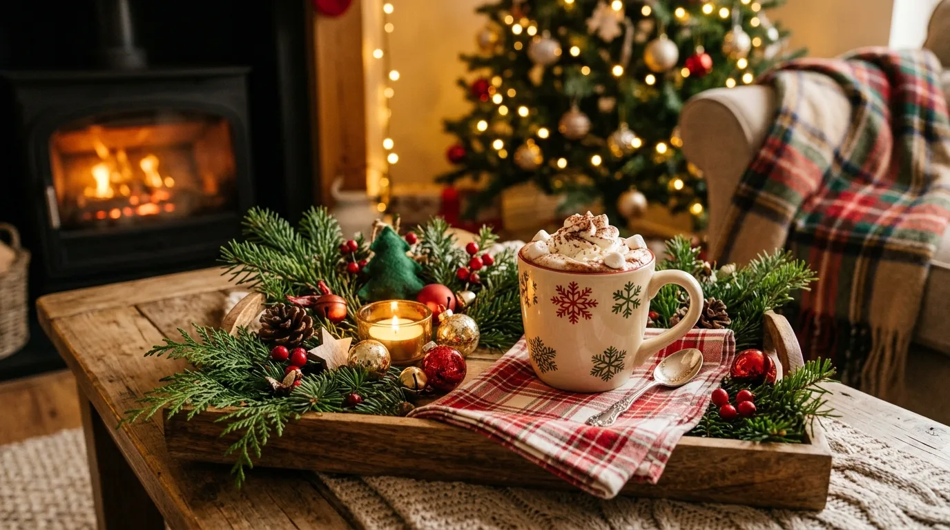 Try a knit or plaid accent nearby for 11 Cozy Winter Tray Decor Ideas for a Hygge Home Vibe