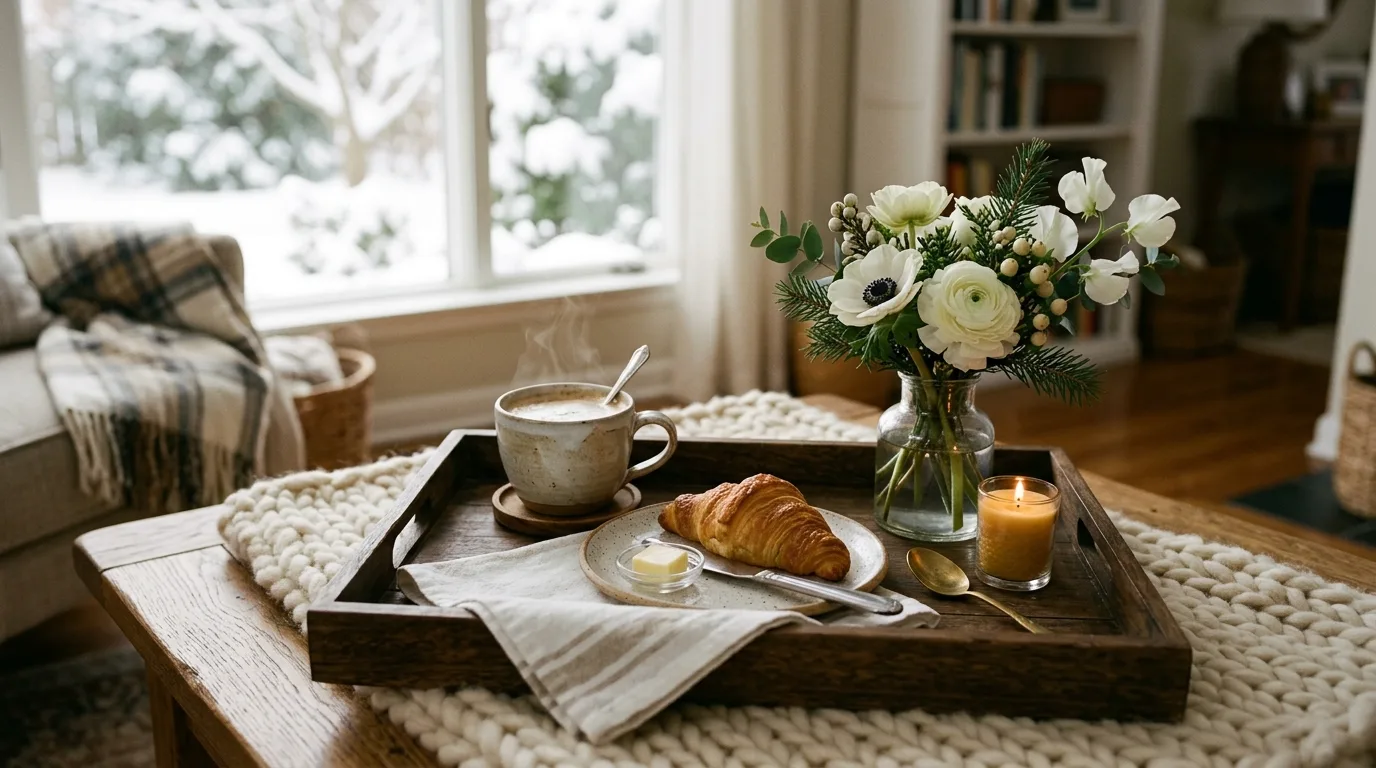 Use ceramic pieces for warmth for 11 Cozy Winter Tray Decor Ideas for a Hygge Home Vibe