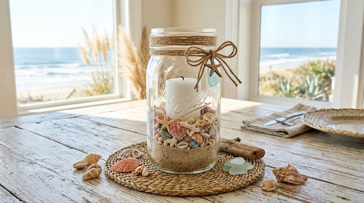 Style a centerpiece with several jars for 12 Creative Mason Jar Crafts for Rustic Home Accents