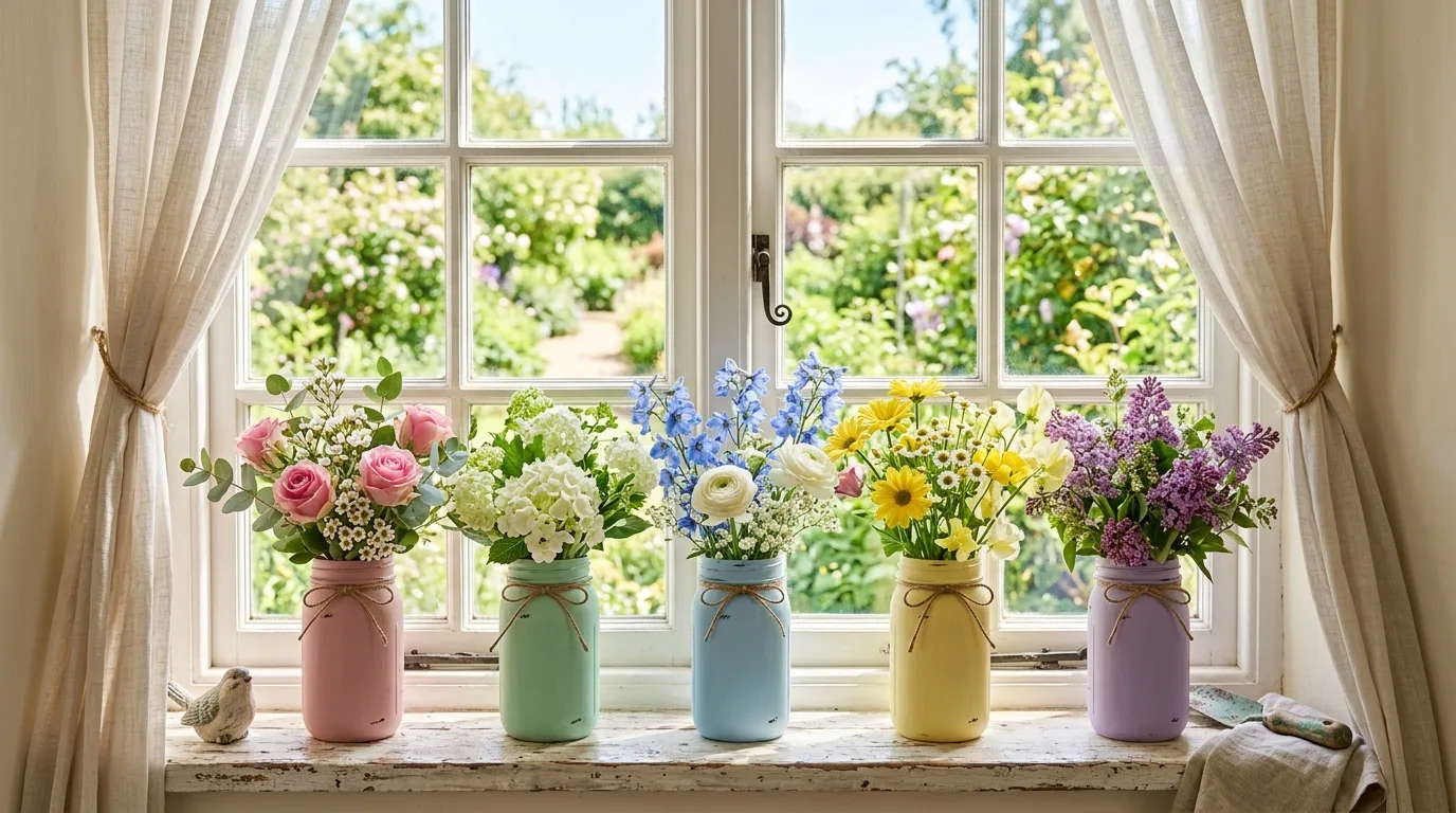 Paint them for farmhouse-style vases for 12 Creative Mason Jar Crafts for Rustic Home Accents