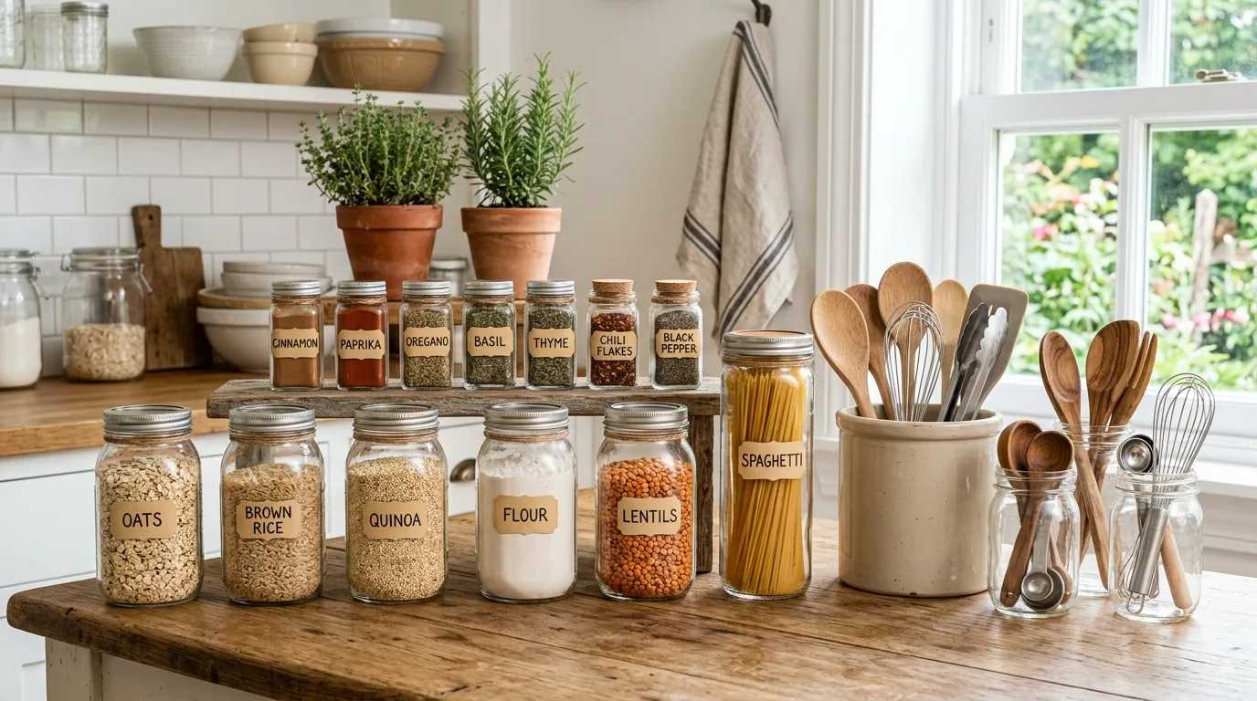 Use them as kitchen storage for 12 Creative Mason Jar Crafts for Rustic Home Accents