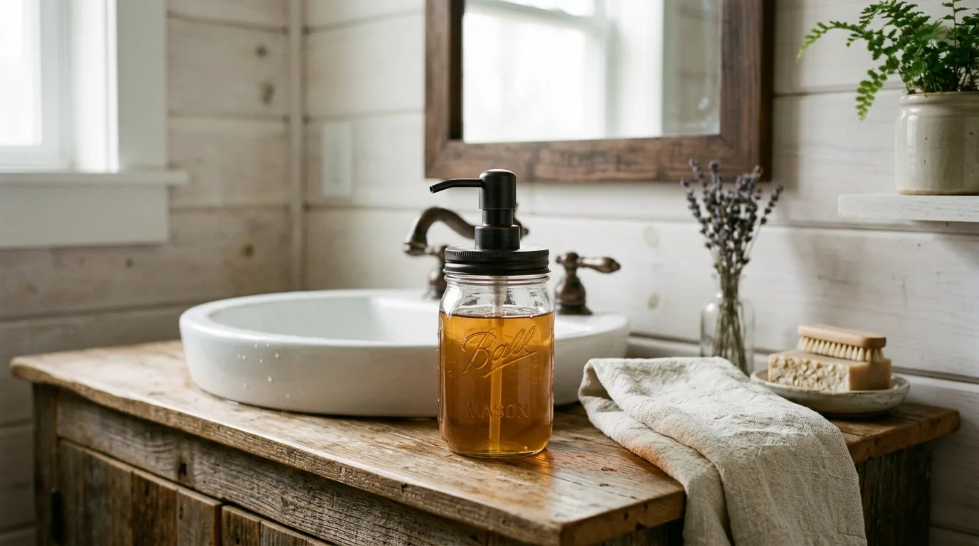 Create a soap dispenser for 12 Creative Mason Jar Crafts for Rustic Home Accents