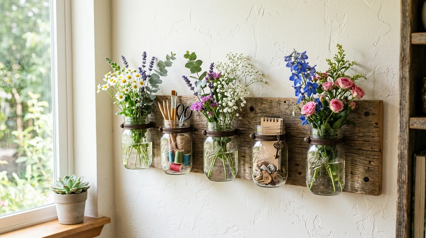 Mount them on reclaimed wood for 12 Creative Mason Jar Crafts for Rustic Home Accents