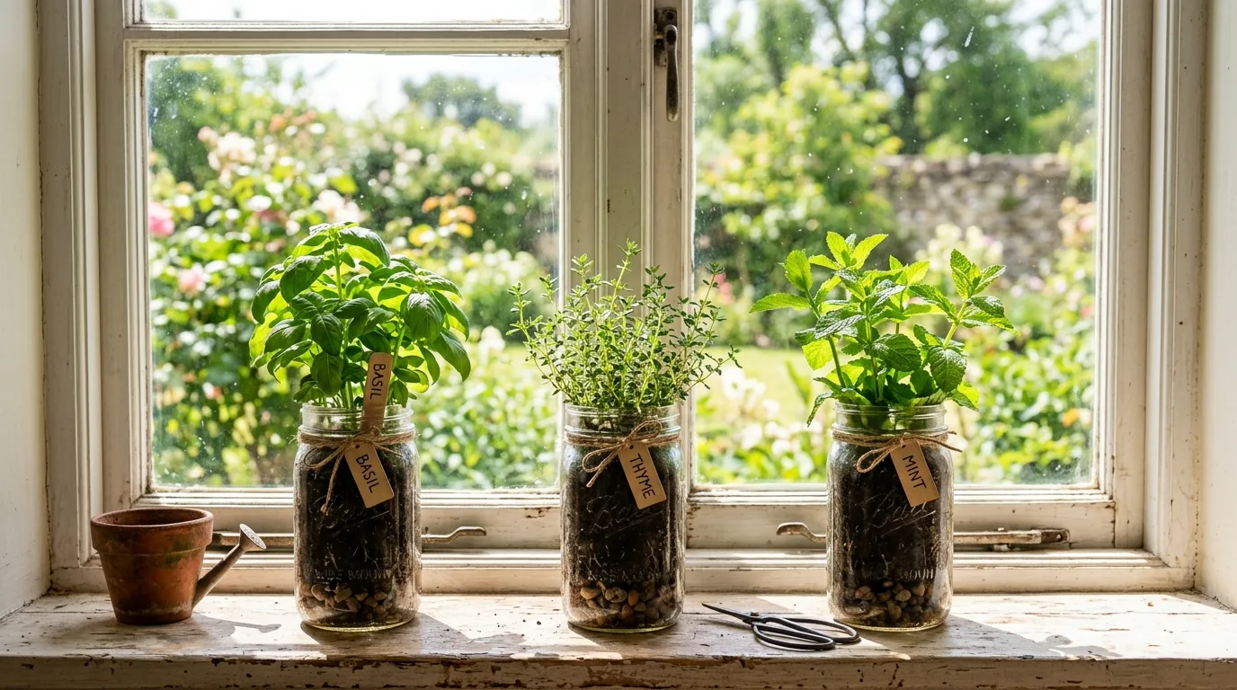Start a tiny herb garden for 12 Creative Mason Jar Crafts for Rustic Home Accents