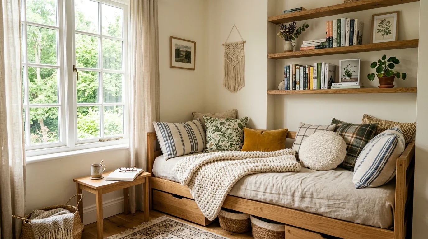 Turn a corner into a reading nook for 12 Smart Daybed Room Ideas for Small Spaces and Guests
