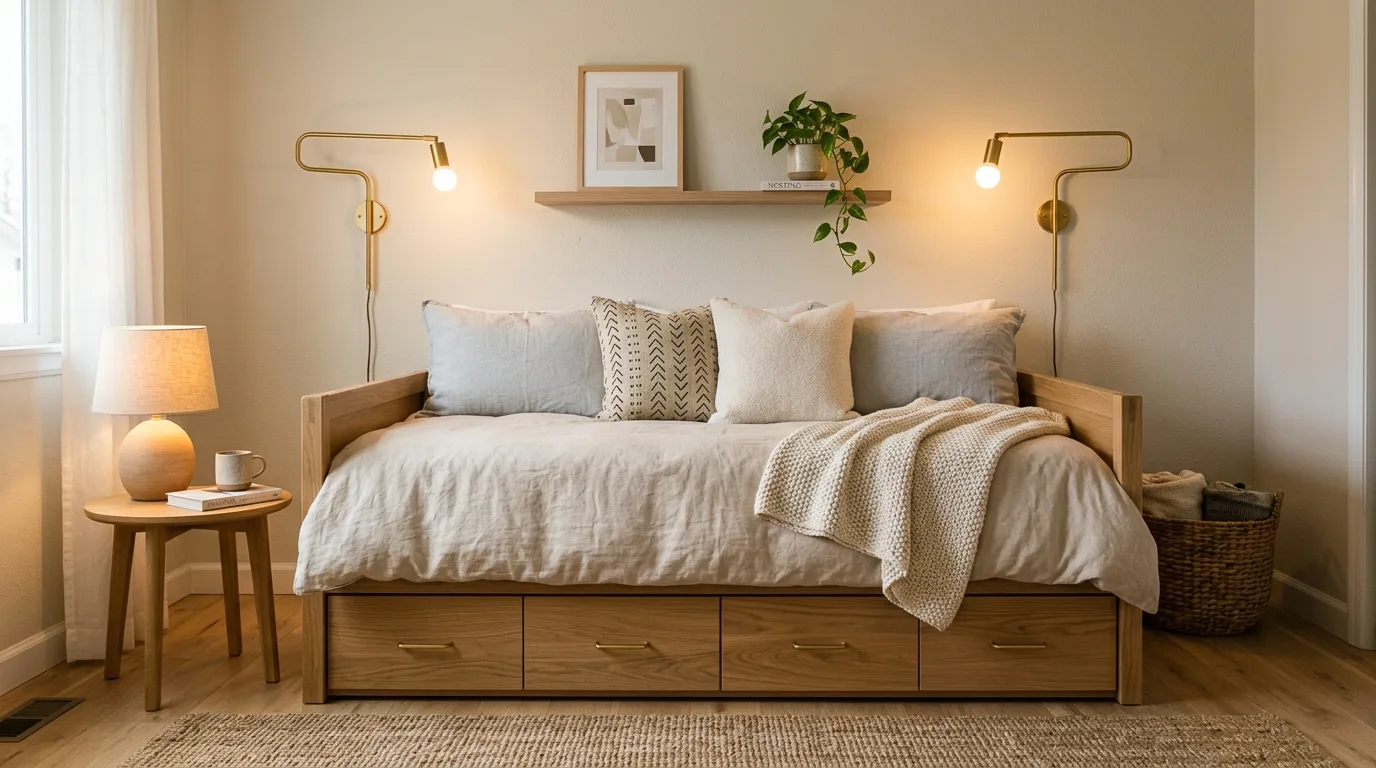 Choose drawers underneath for hidden storage for 12 Smart Daybed Room Ideas for Small Spaces and Guests