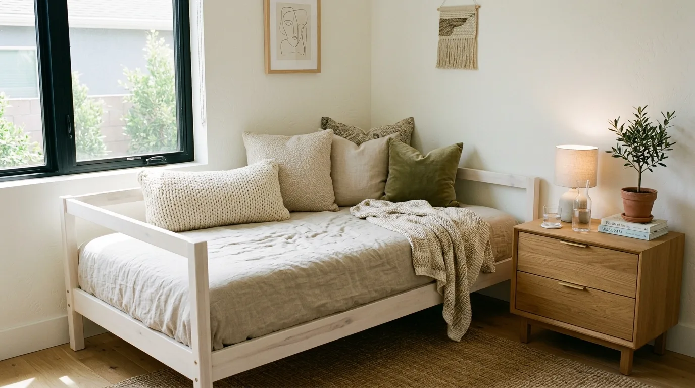 Use convertible pieces nearby for 12 Smart Daybed Room Ideas for Small Spaces and Guests
